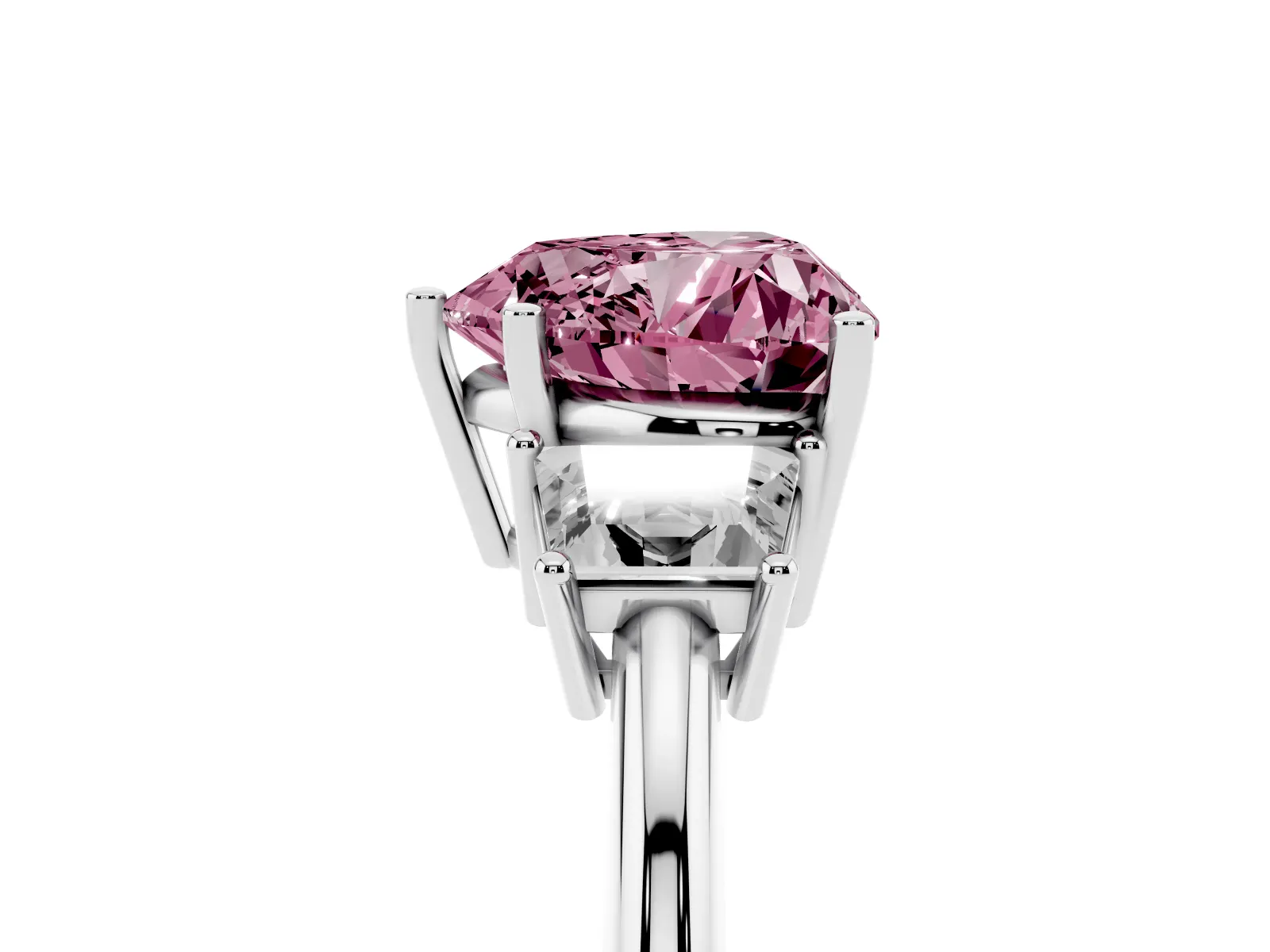 Fancy Pink Heart Cut Diamond Three-Stone Ring with Trapezoid Side Stones and Prong Setting White gold