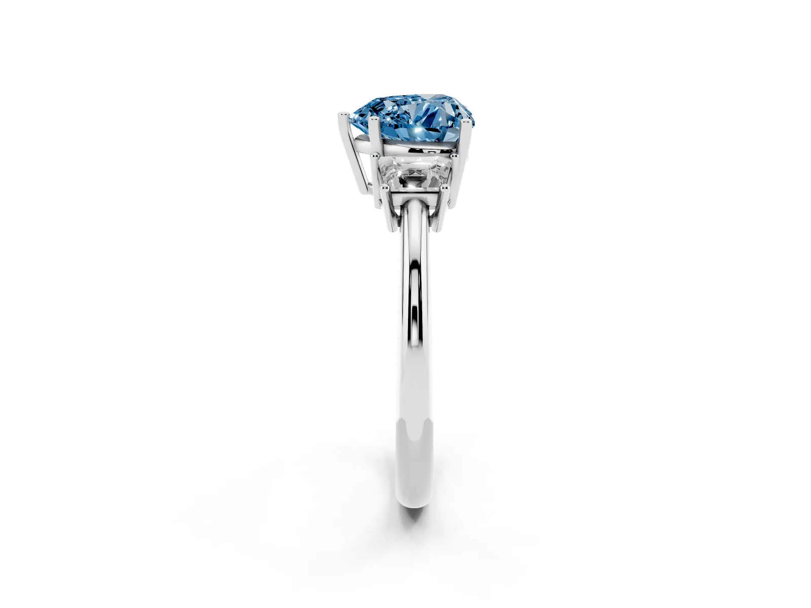 Fancy Blue Heart Cut Diamond Three-Stone Ring with Trapezoid Side Stones and Prong Setting White gold