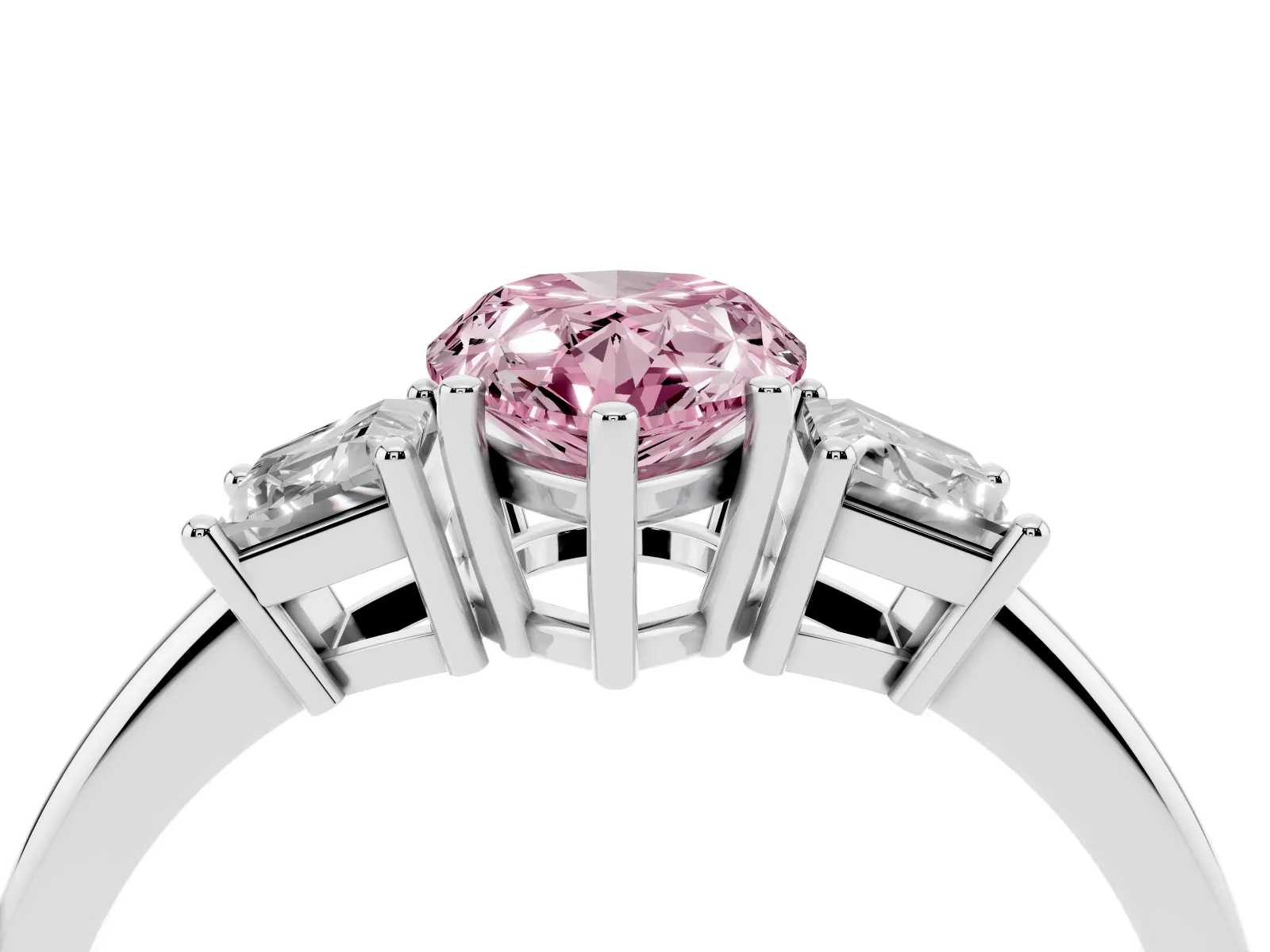 Fancy Pink Pear Cut Diamond Three-Stone Ring with Trapezoid Side Stones and Prong Setting Platinum