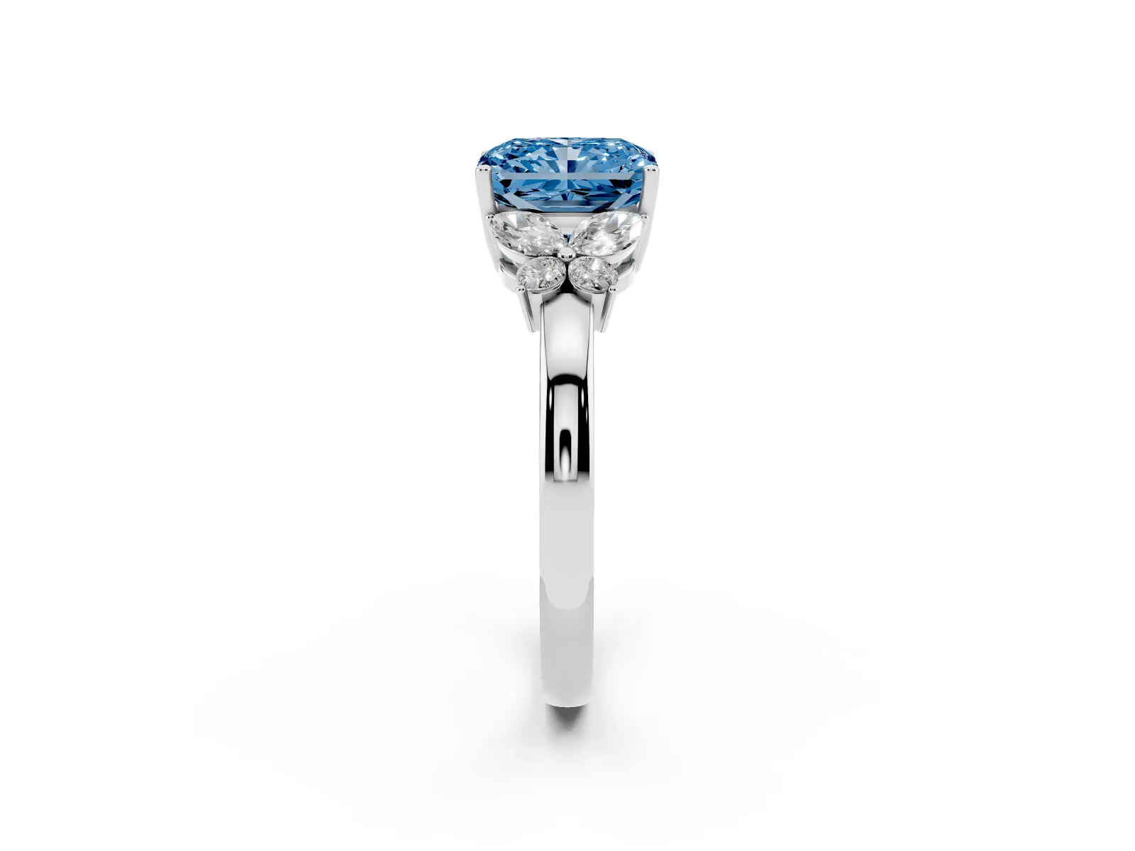 Fancy Blue Radiant Cut Cut Solitaire Floral Diamond Ring with Four-Prong Setting Platinum