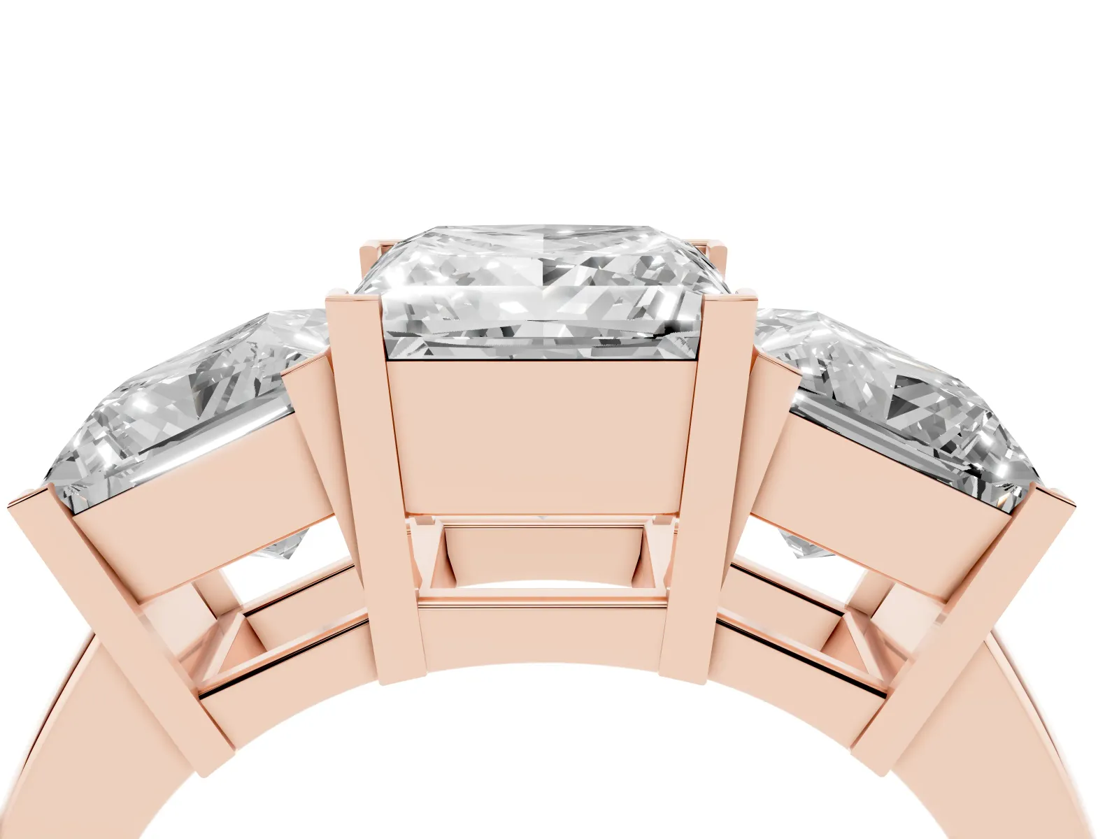Three-Stone Princess Cut Cut Diamond Ring with Channel Set Band and Four-Prong Setting Rose gold