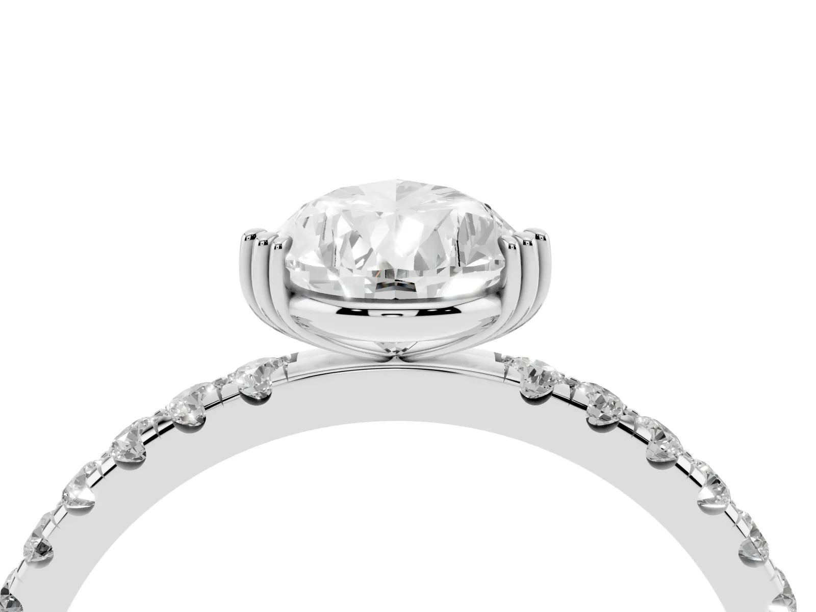 Pear Cut Brilliant Solitaire with Pavé Band and Claw Prong Setting Silver