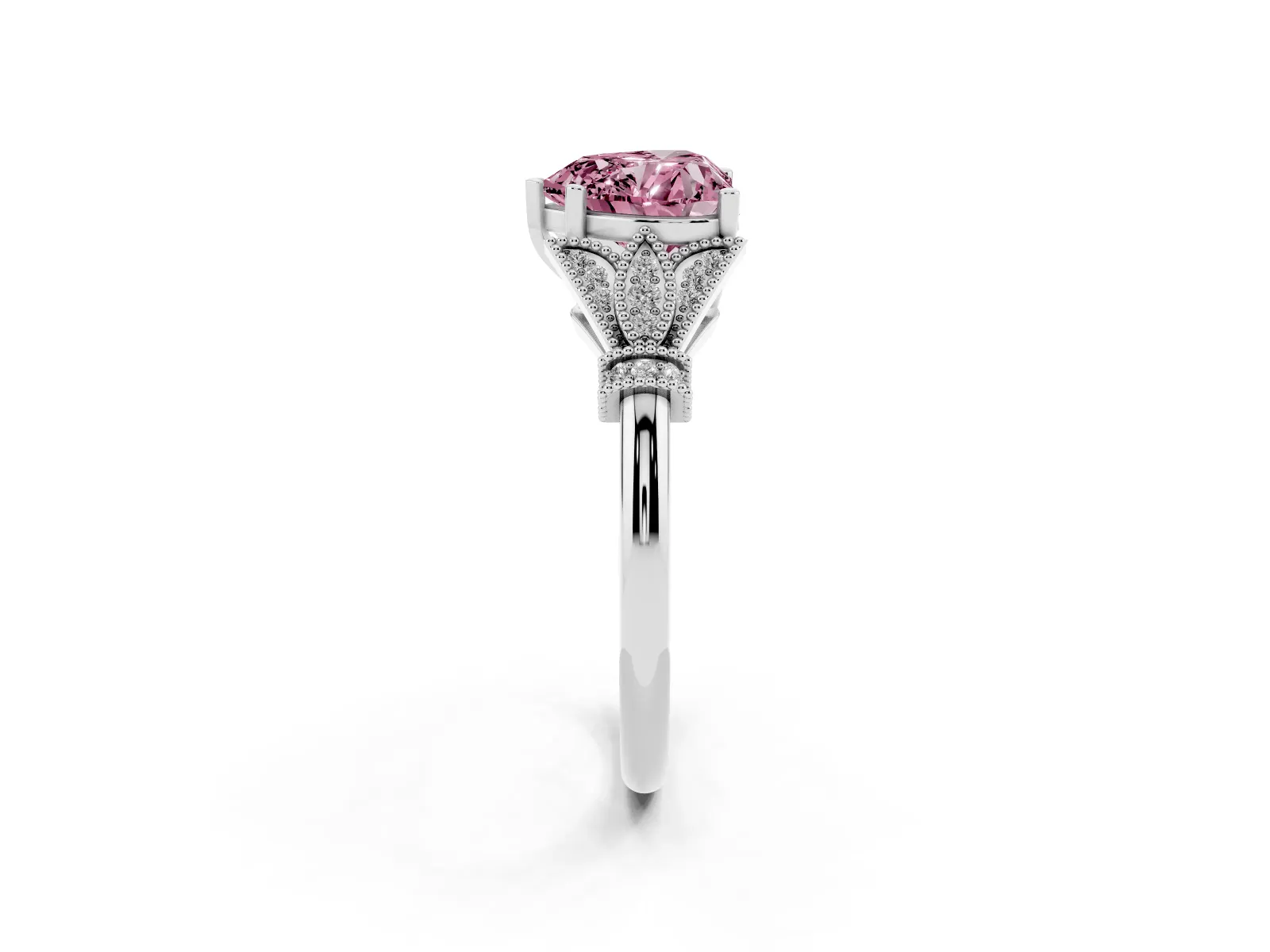 Fancy Pink Heart Cut Diamond Solitaire Ring with Floral Filigree and Pave Accents Platinum