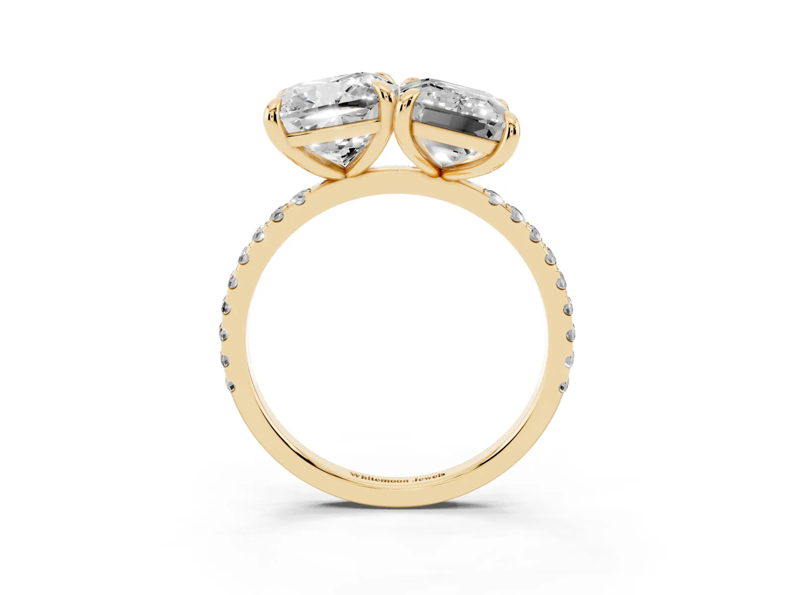 Cushion and Emerald Toi Moi Ring with Prong Setting and Pave Band Yellow gold