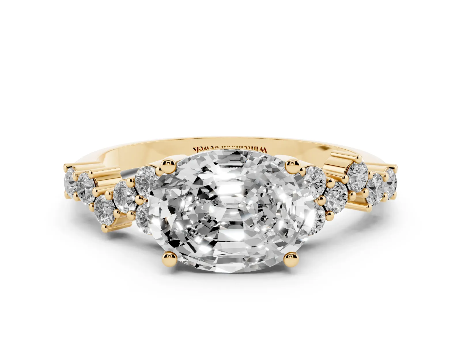 Oval Cut Diamond Scattered Round Accent Ring with Prong Setting Yellow gold