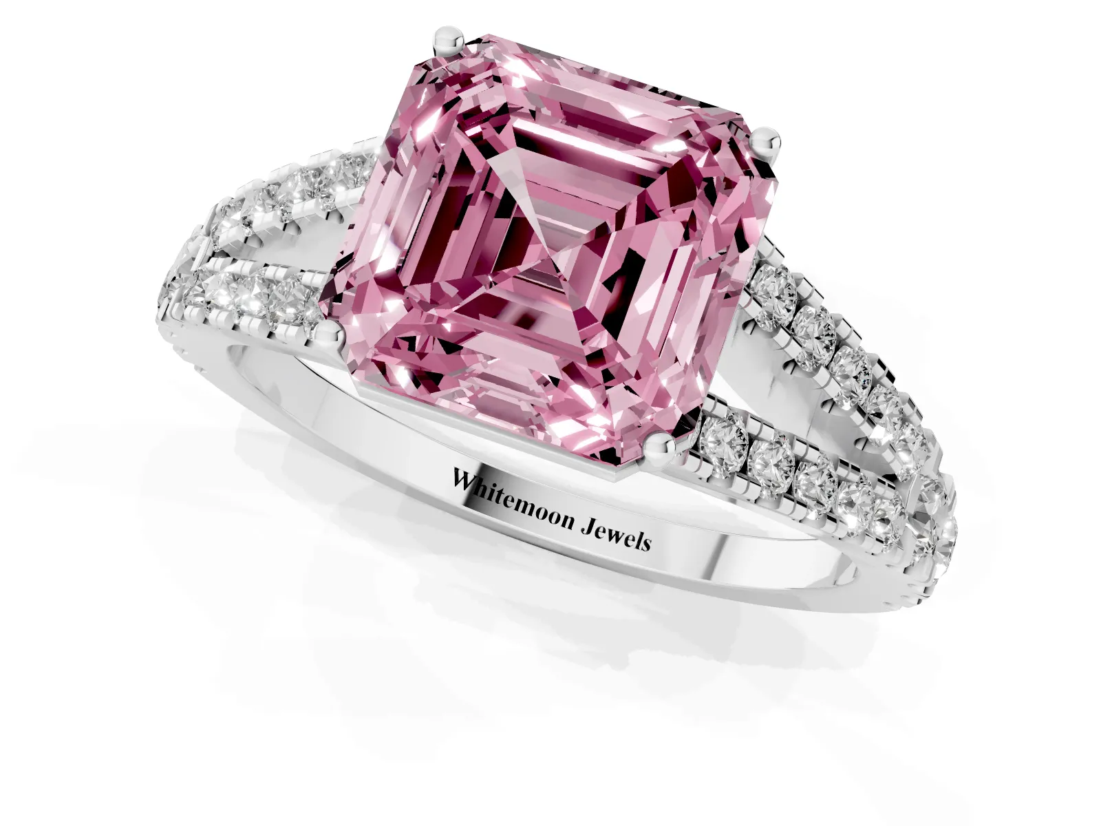Fancy Pink Asscher Cut Diamond Split Shank Engagement Ring with Round Pavé and Prong Setting White gold