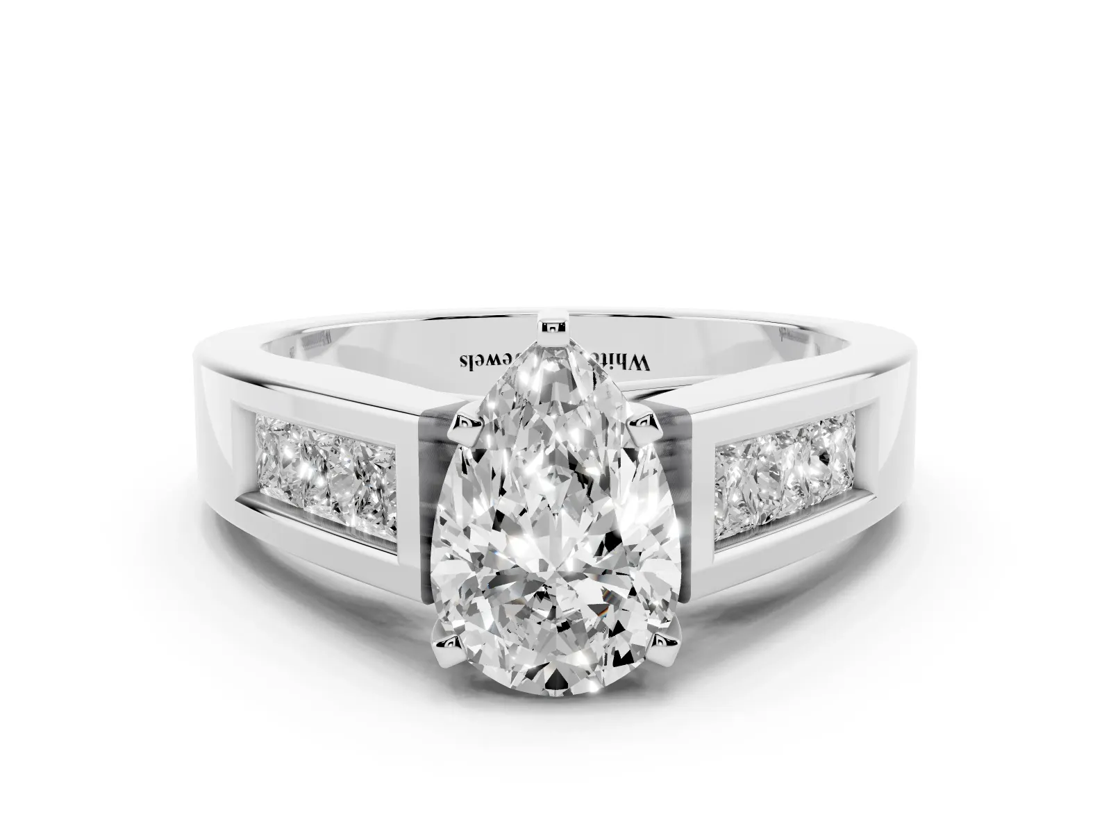 Pear Cut Cut Channel Set Solitaire Ring with Four-Prong Setting Platinum