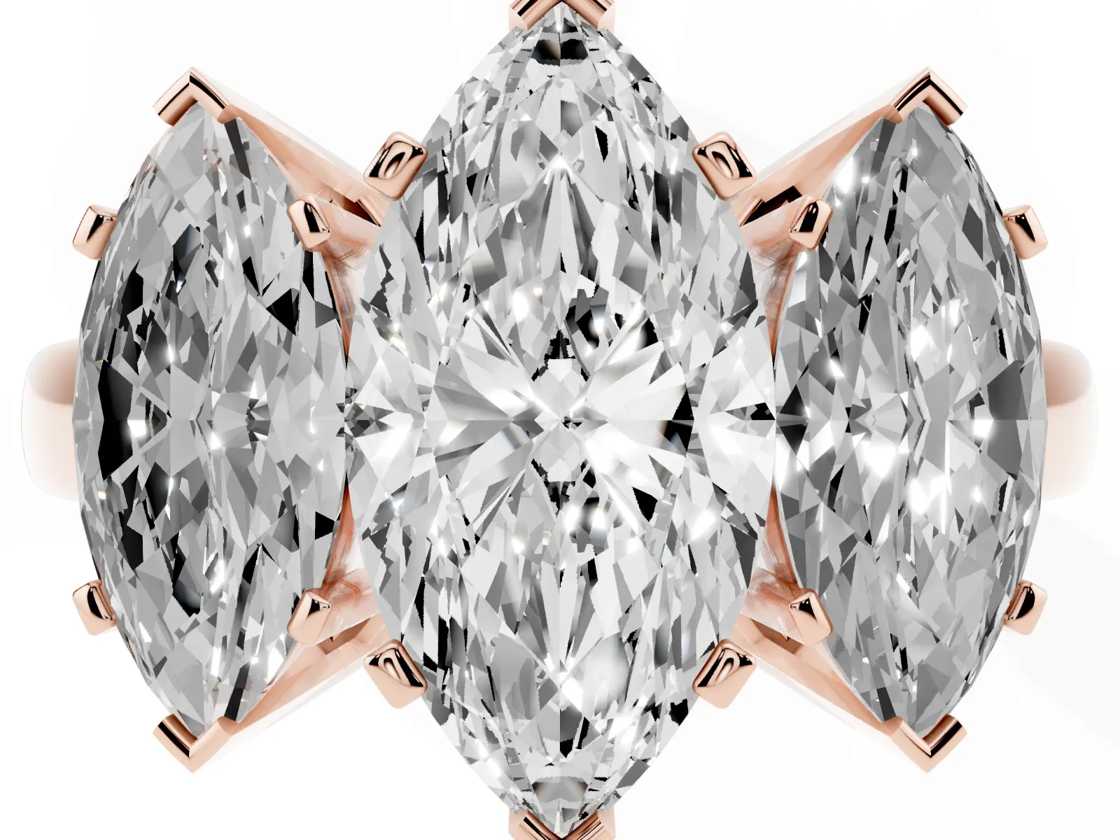 Three-Stone Marquise Cut Cut Diamond Ring with Channel Set Band and Four-Prong Setting Rose gold