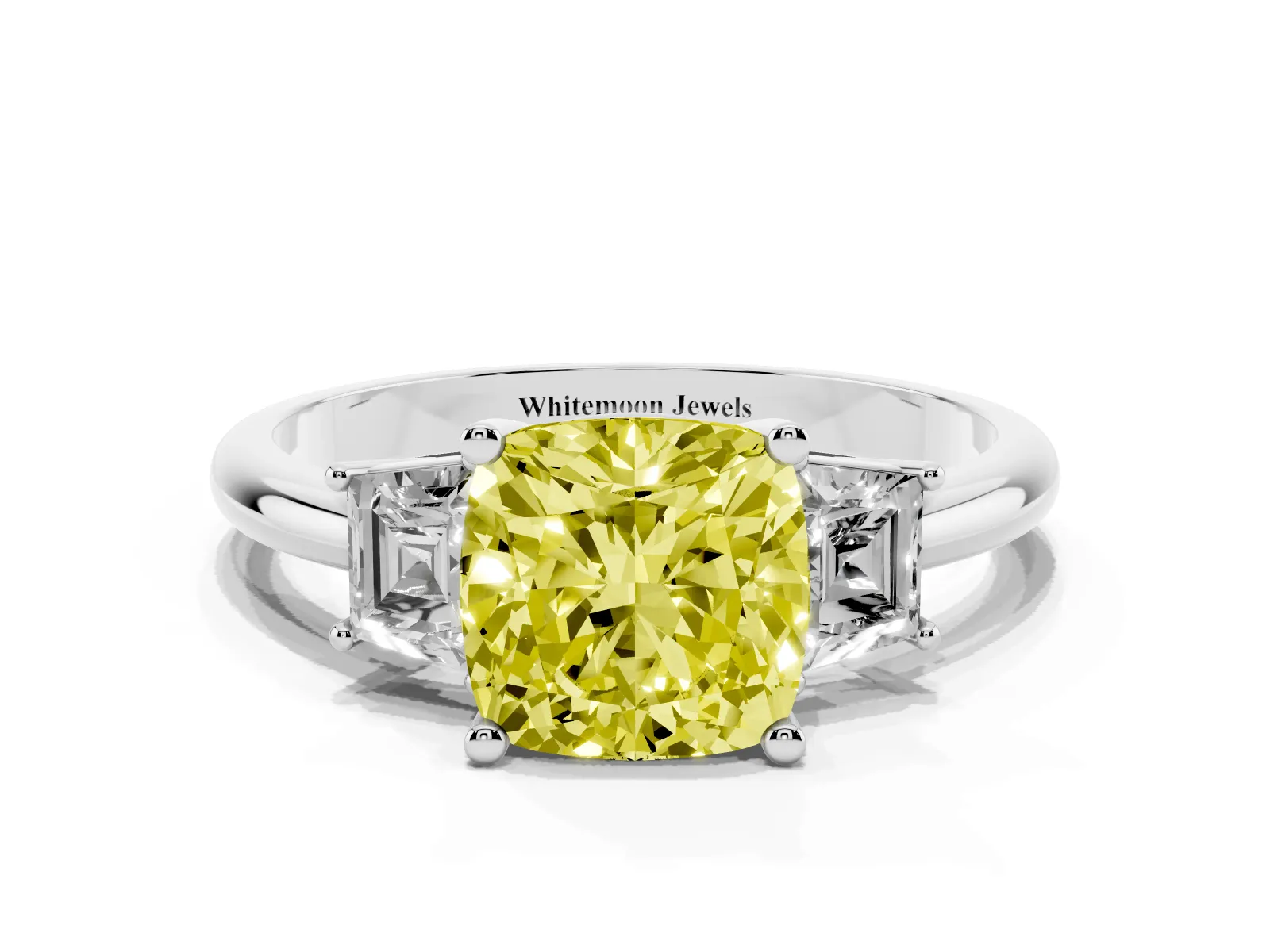 Fancy Yellow Cushion Cut Diamond Three-Stone Ring with Trapezoid Side Stones and Prong Setting Platinum