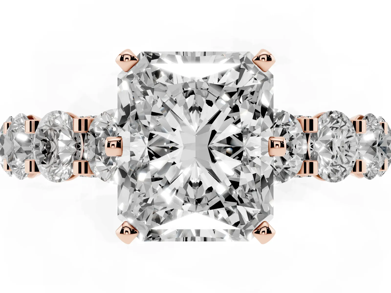 Radiant Cut Diamond Side Stone Engagement Ring with Four-Prong Setting Rose gold