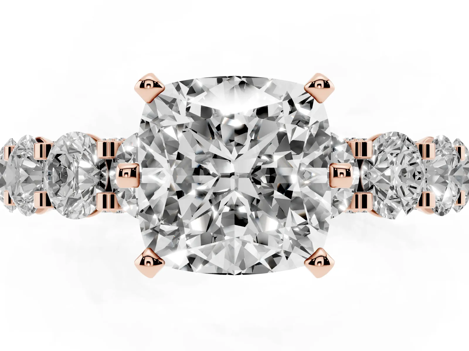 Cushion Cut Diamond Side Stone Engagement Ring with Four-Prong Setting Rose gold