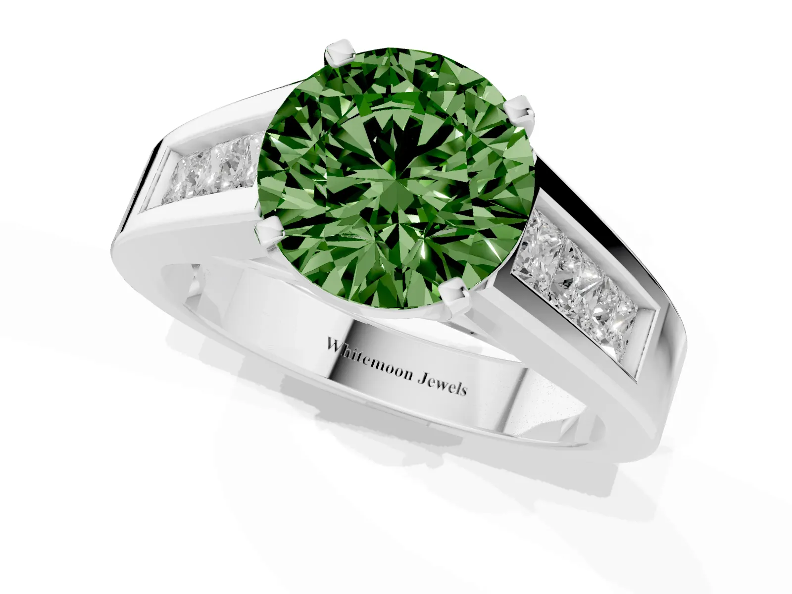 Fancy Green Round Cut Cut Channel Set Solitaire Ring with Four-Prong Setting Platinum