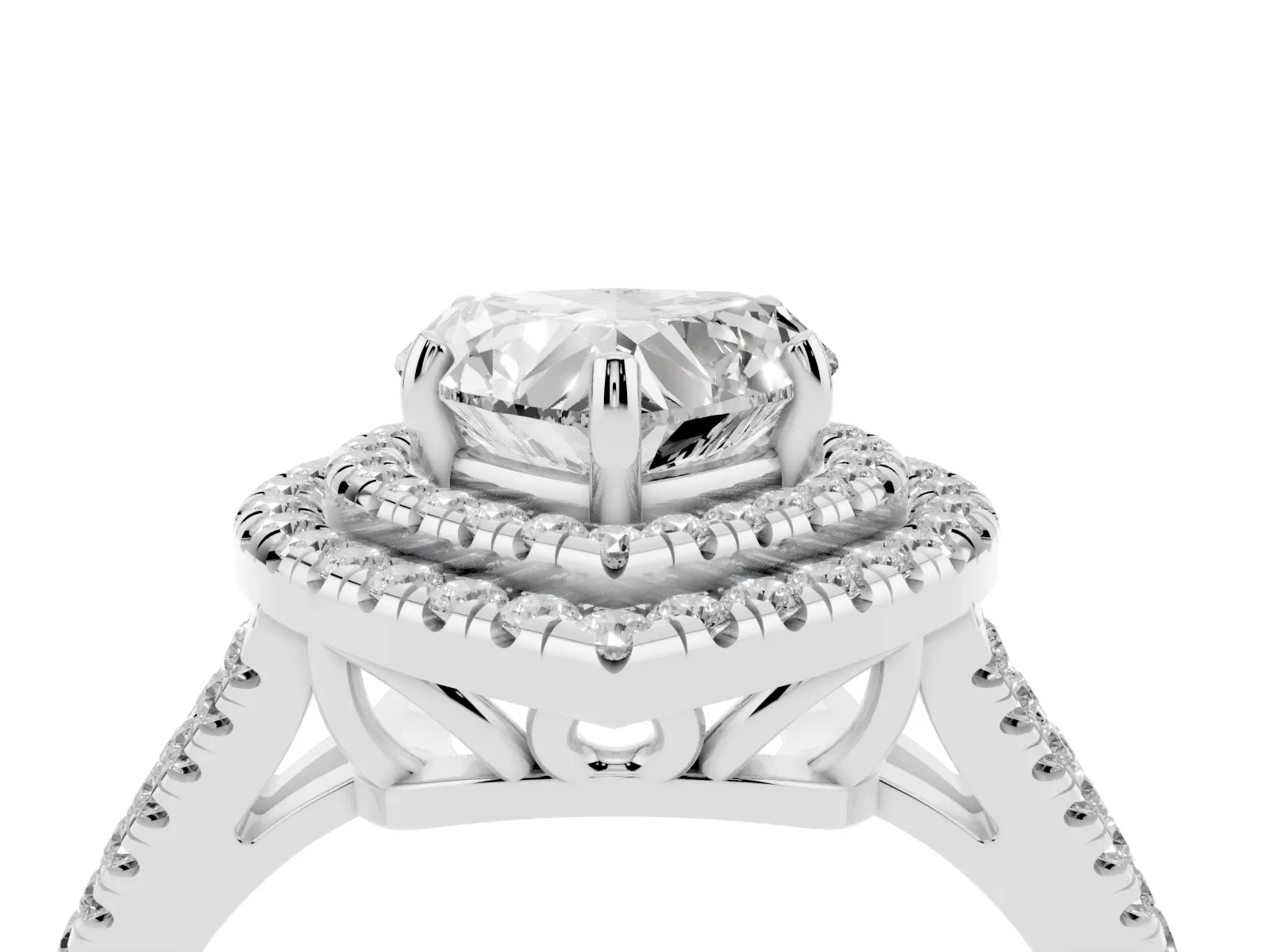 Heart Cut Diamond Double Halo Ring with Pavé Band and Prong Setting Platinum