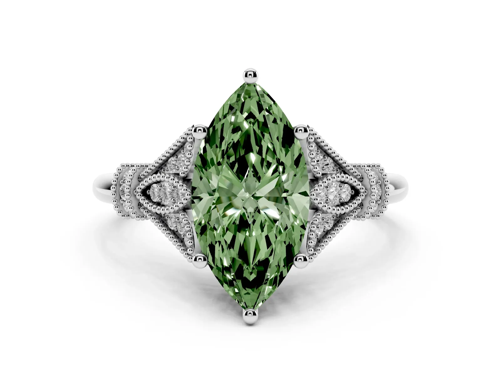 Fancy Green Marquise Cut Diamond Solitaire Ring with Floral Filigree and Pave Accents Platinum