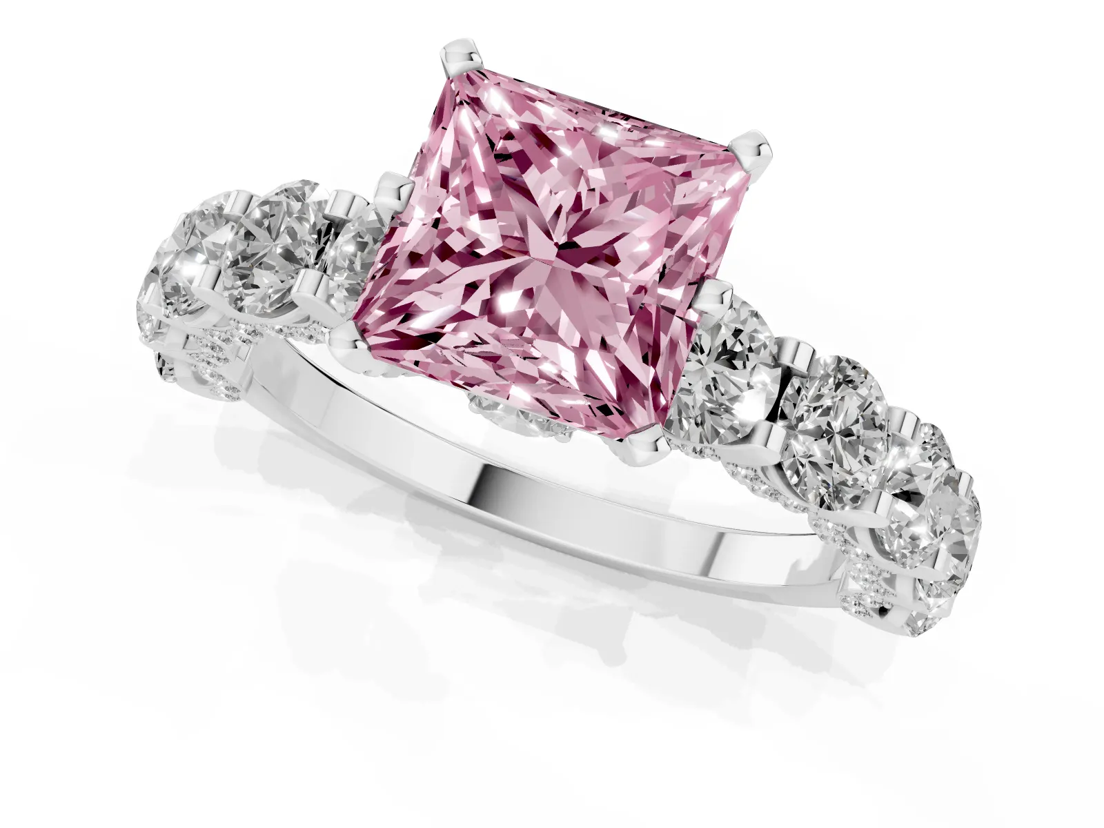 Fancy Pink Princess Cut Diamond Side Stone Engagement Ring with Four-Prong Setting Platinum