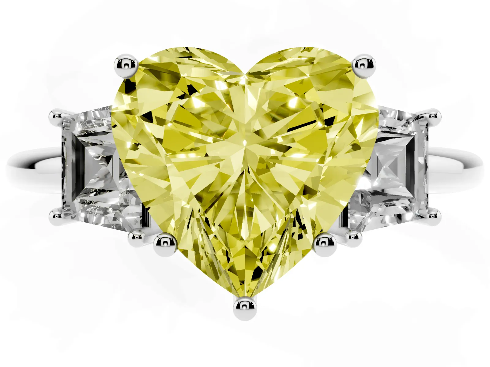 Fancy Yellow Heart Cut Diamond Three-Stone Ring with Trapezoid Side Stones and Prong Setting White gold