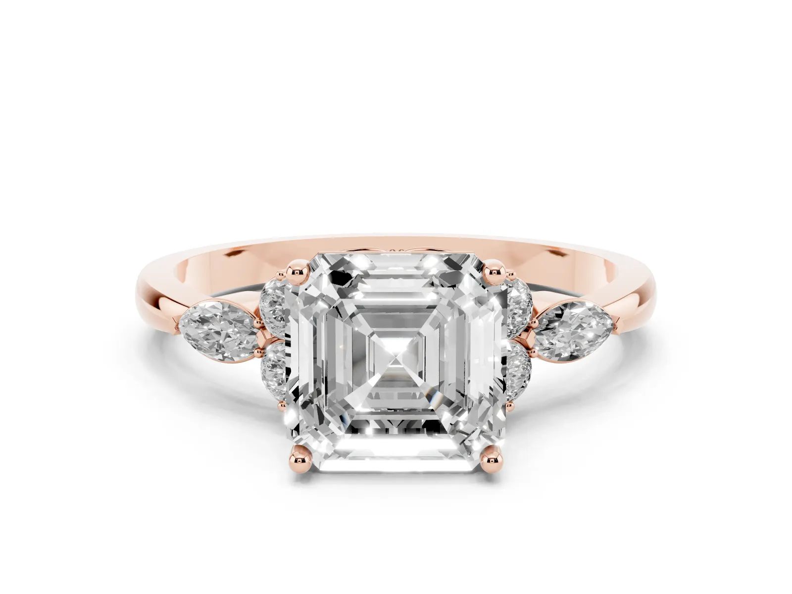 Asscher Cut Brilliant Diamond Solitaire Ring with Pear Side Stones and Four-Prong Setting Rose gold