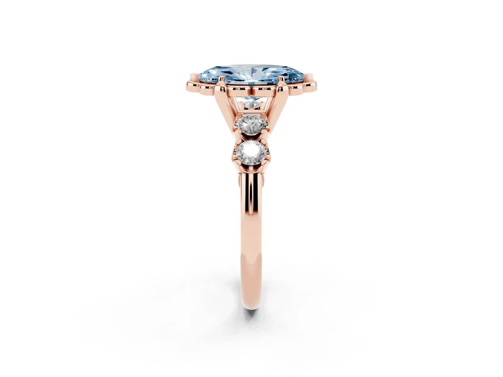 Fancy Blue Marquise Cut Cut Diamond Floral Halo Engagement Ring with Shared Prong Setting Rose gold