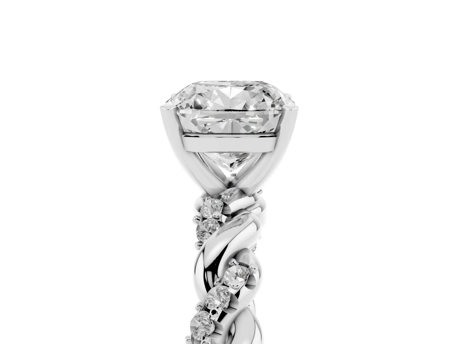 Cushion Cut Diamond Solitaire Ring with Twisted Band and Pavé Accents White gold