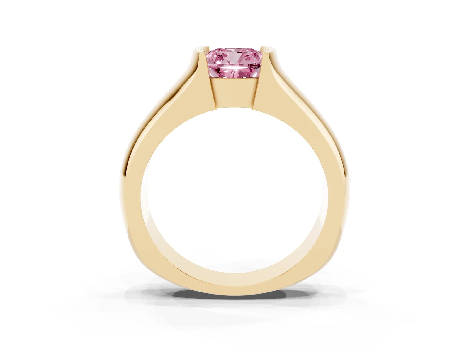 Fancy Pink Cushion Cut Solitaire Bezel Set Diamond Ring with Wide Band Yellow gold