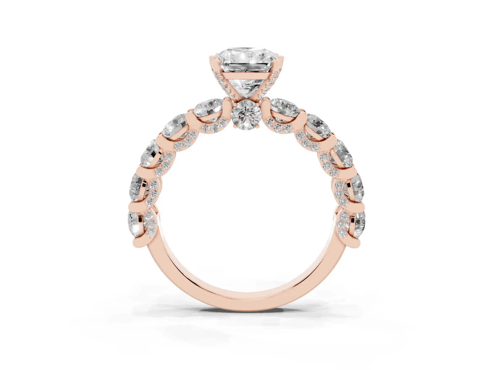 Radiant Cut Diamond Side Stone Engagement Ring with Four-Prong Setting Rose gold