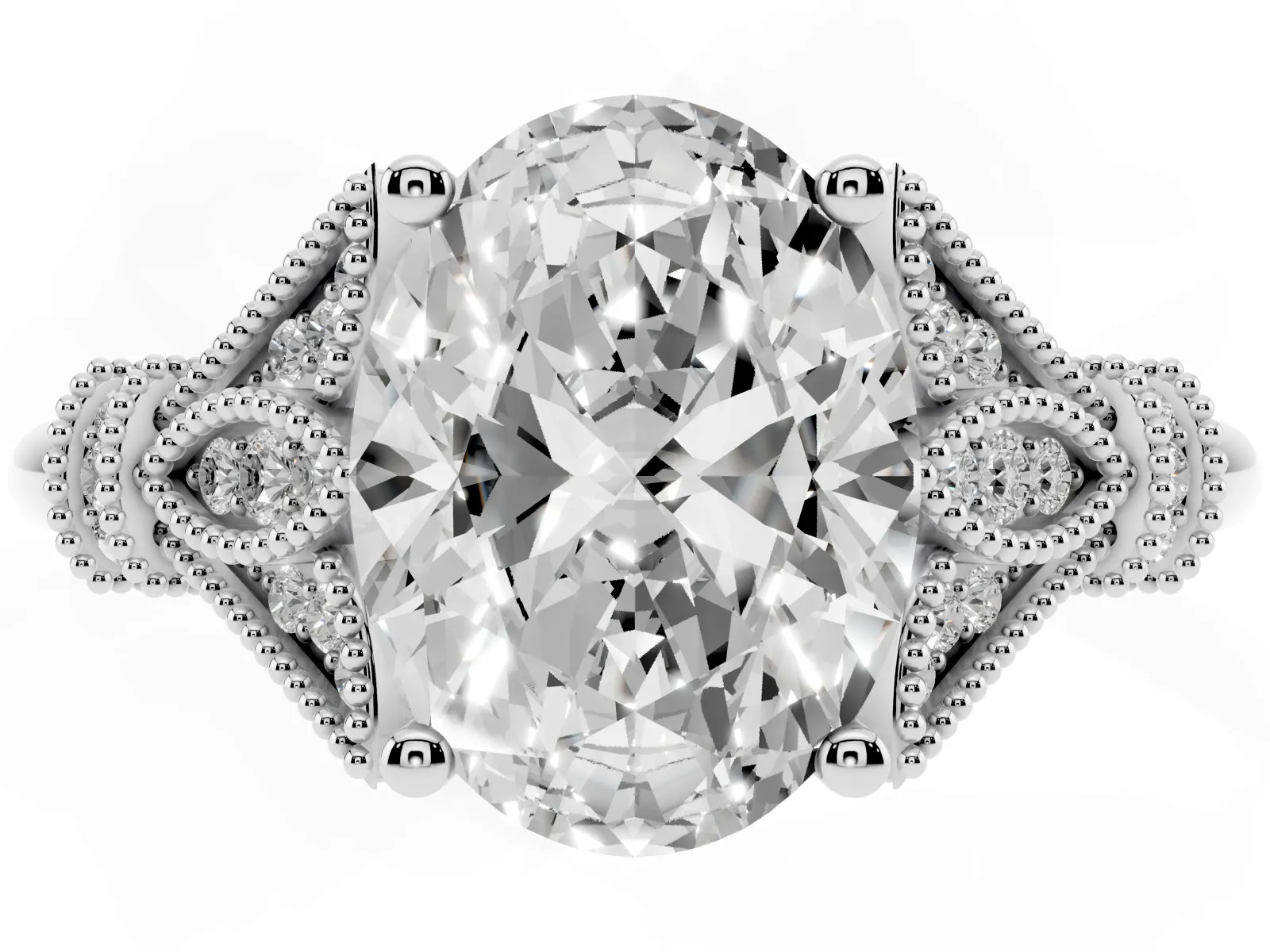 Oval Cut Diamond Solitaire Ring with Floral Filigree and Pave Accents White gold