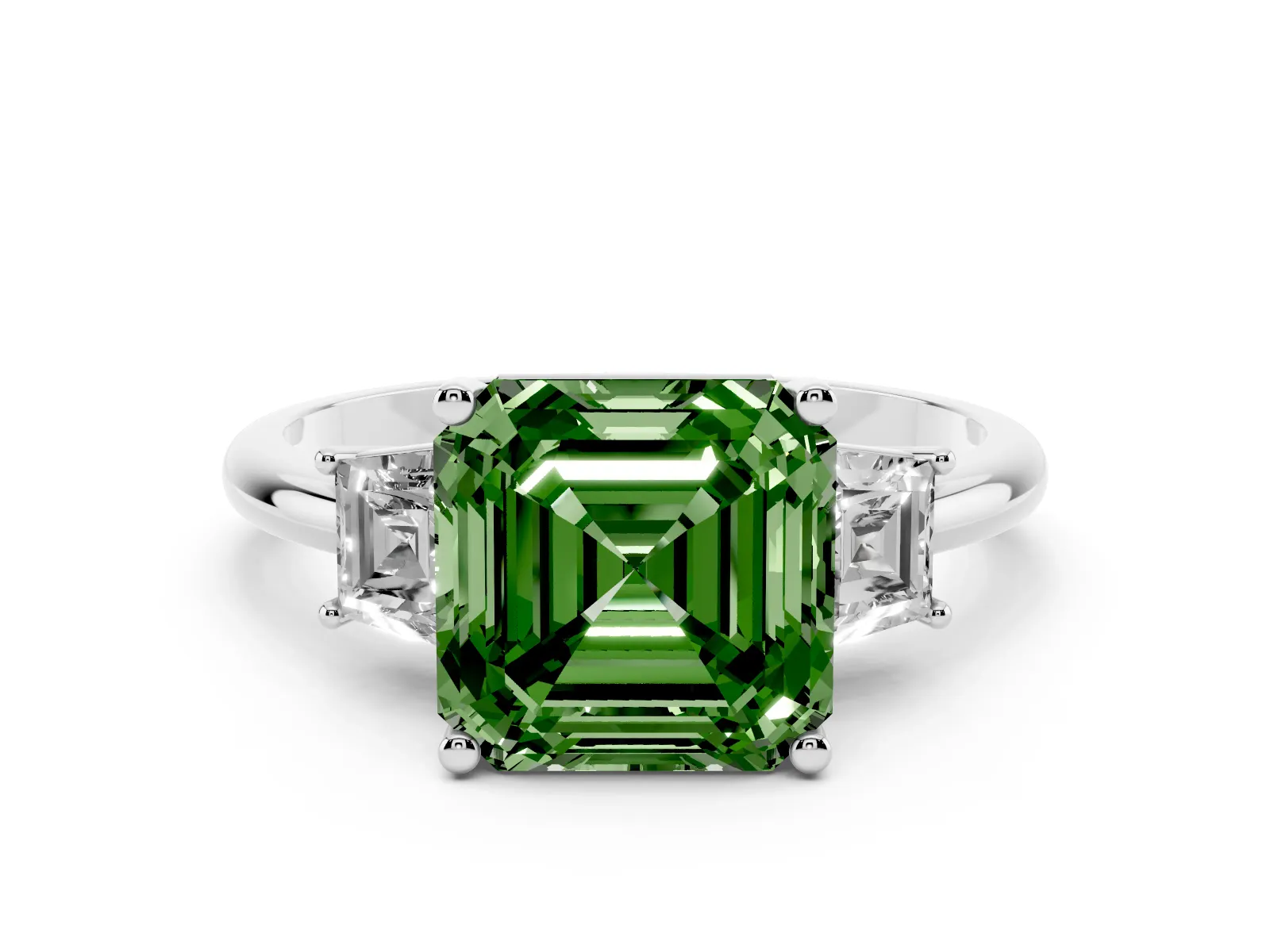 Fancy Green Asscher Cut Diamond Three-Stone Ring with Trapezoid Side Stones and Prong Setting White gold