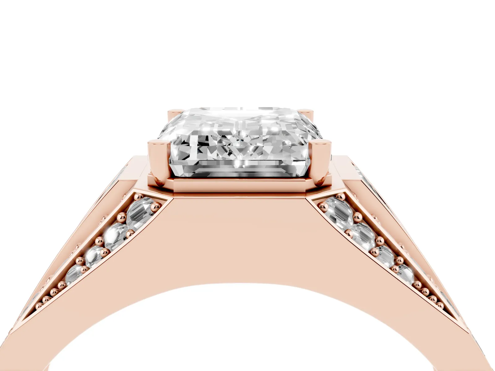 Emerald Cut Diamond Mens Ring with Baguette Side Stones Rose gold