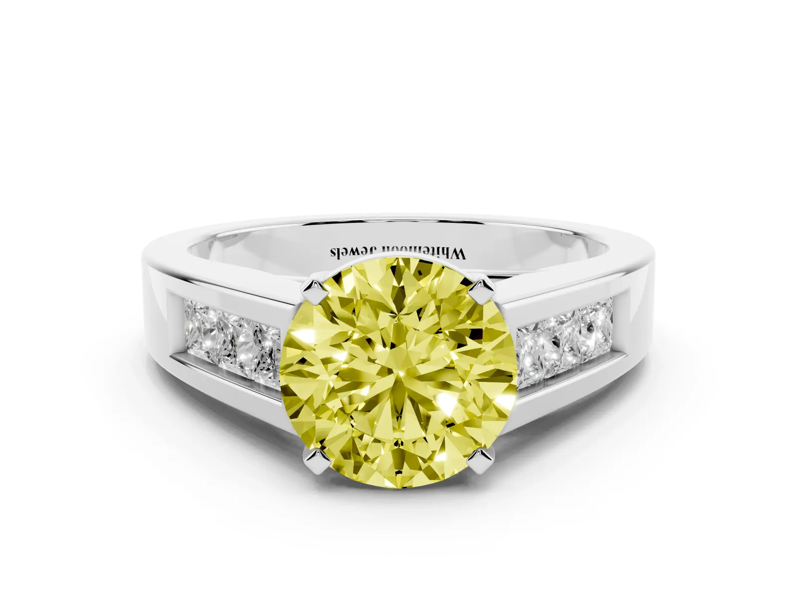 Fancy Yellow Round Cut Cut Channel Set Solitaire Ring with Four-Prong Setting Platinum