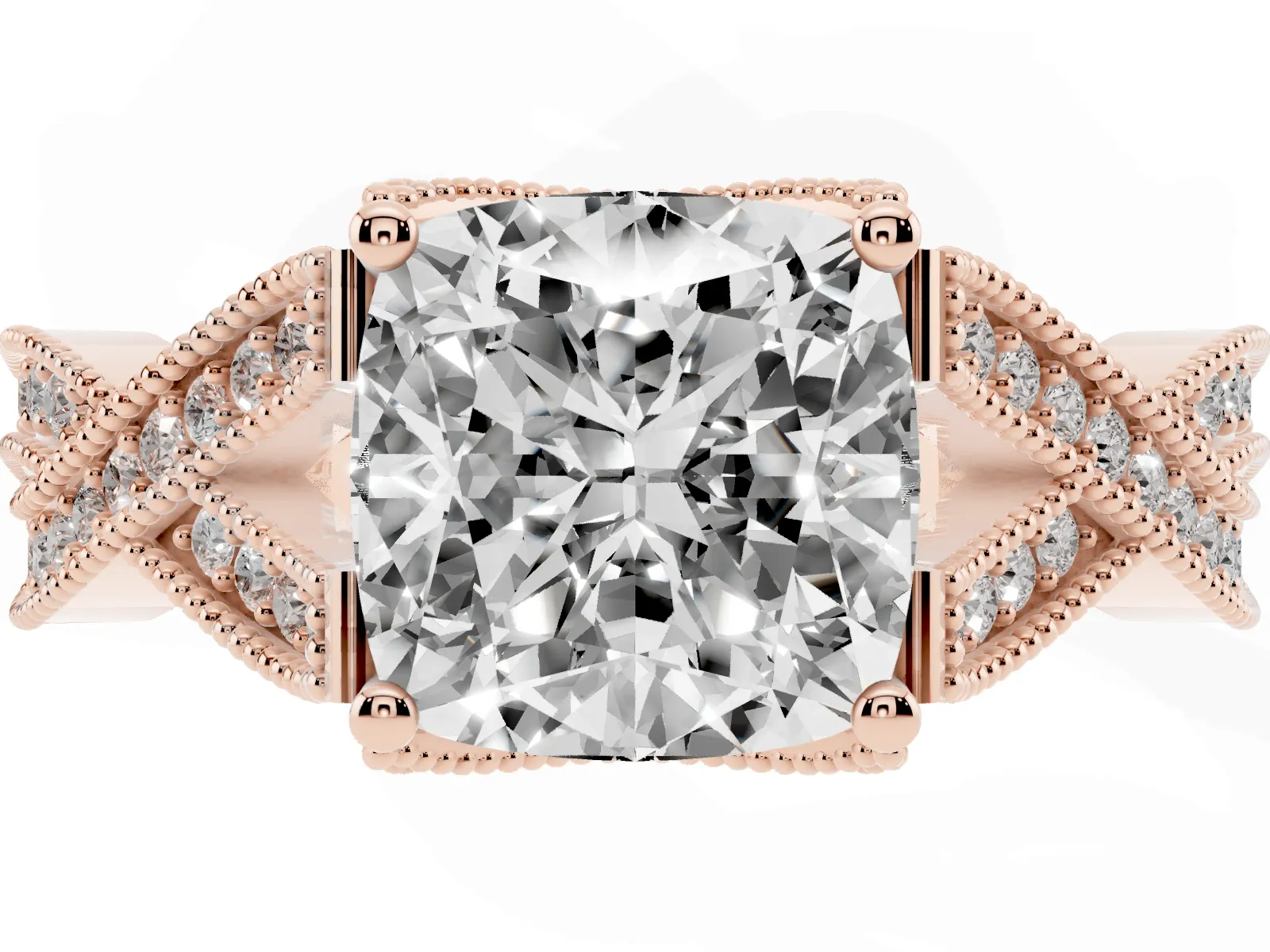 Cushion Cut Cut Diamond Twisted Band with Milgrain Pave Setting and Four-Prong Setting Rose gold