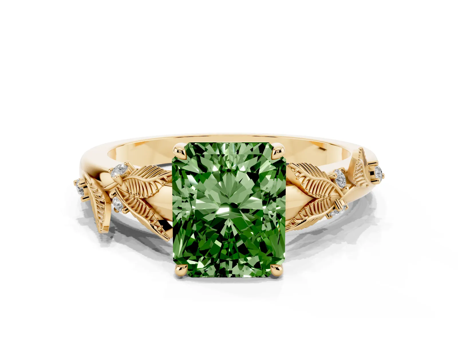 Fancy Green Radiant Cut Diamond Solitaire Ring with Leaf Motif Band and Four-Prong Setting Yellow gold