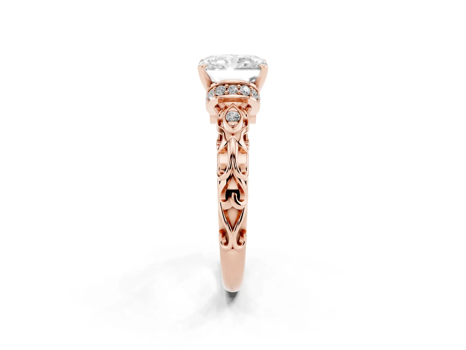 Radiant Cut Diamond Solitaire Ring with Filigree Band and Four-Prong Setting Rose gold