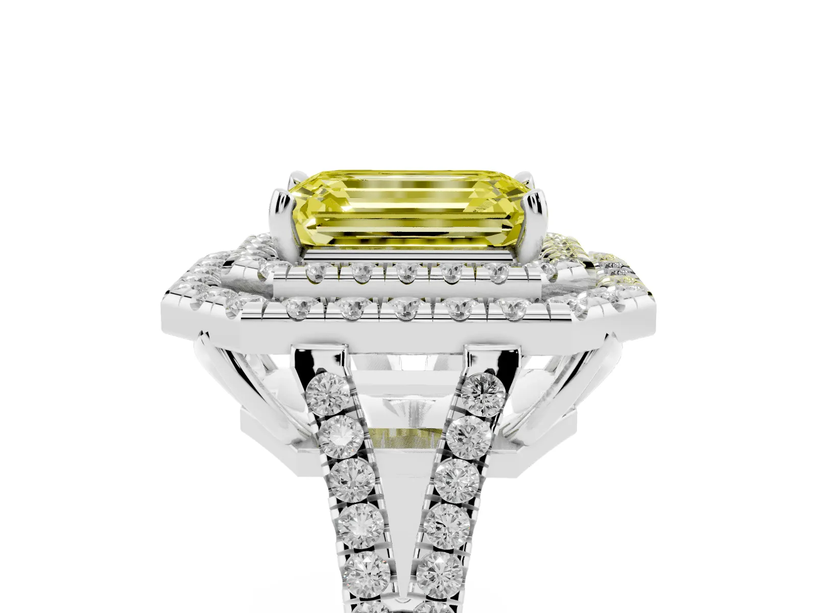 Fancy Yellow Emerald Cut Diamond Double Halo Ring with Pavé Band and Prong Setting Platinum