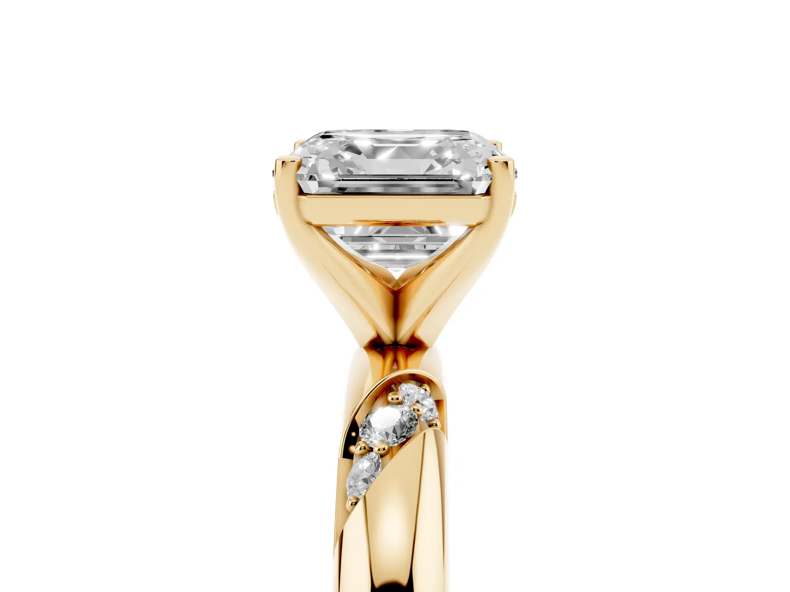 Asscher Cut Diamond Solitaire Engagement Ring with Twisted Round Accent Band and Prong Setting Yellow gold