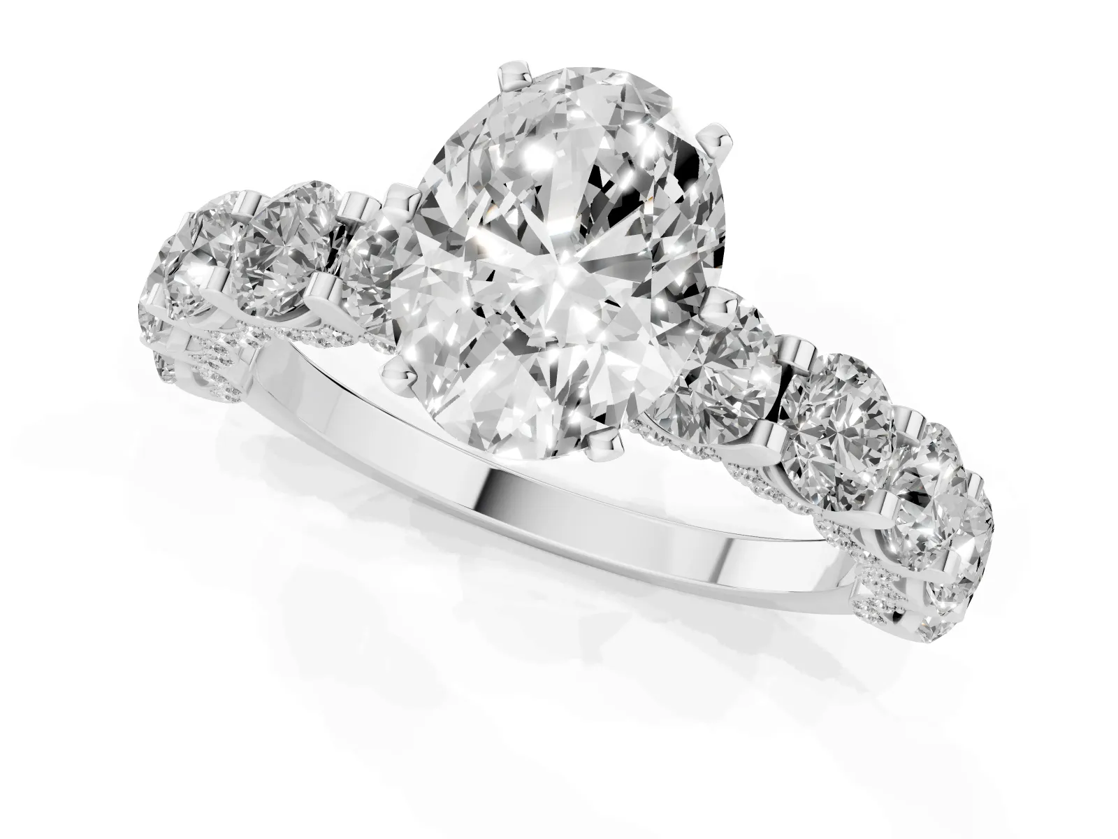 Oval Cut Diamond Side Stone Engagement Ring with Four-Prong Setting Platinum