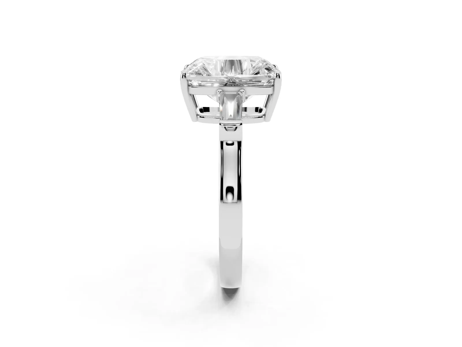 Old Mine Elongated Cushion Diamond with Side Tapered Baguette Three Stone Ring Platinum
