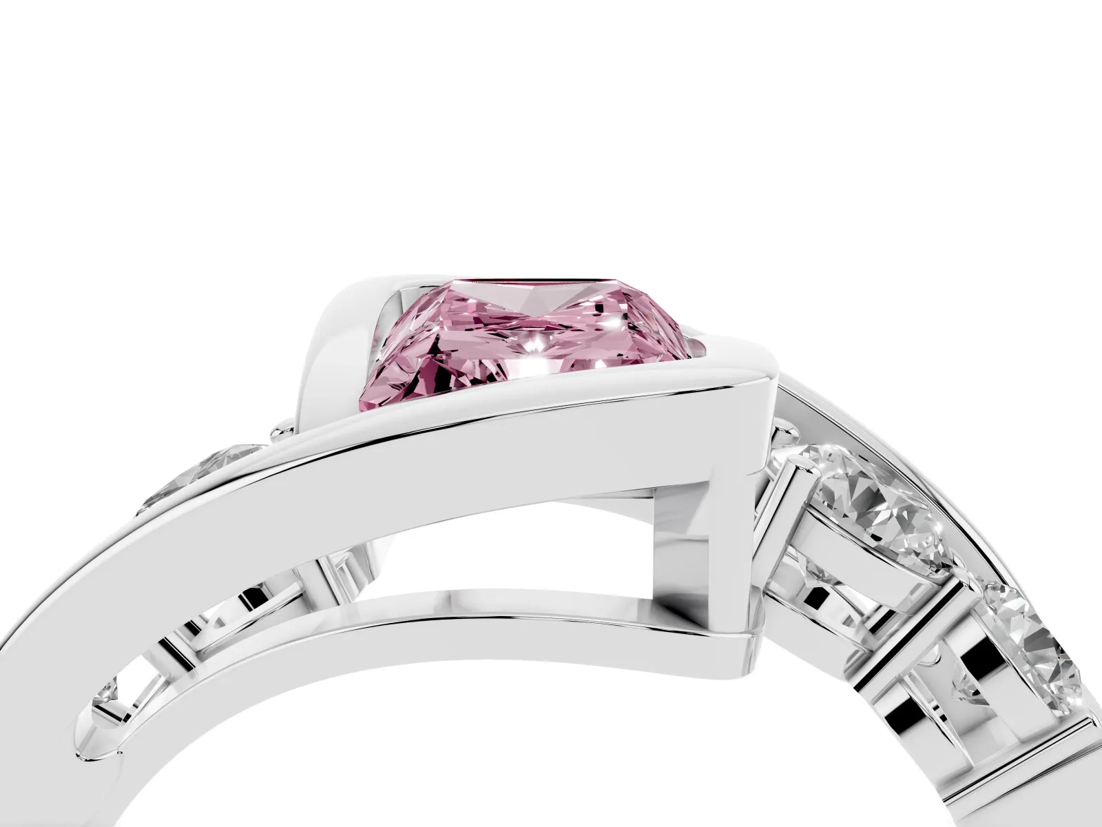 Fancy Pink Bezel Set Radiant Cut Diamond Bypass Ring with Round Accents White gold