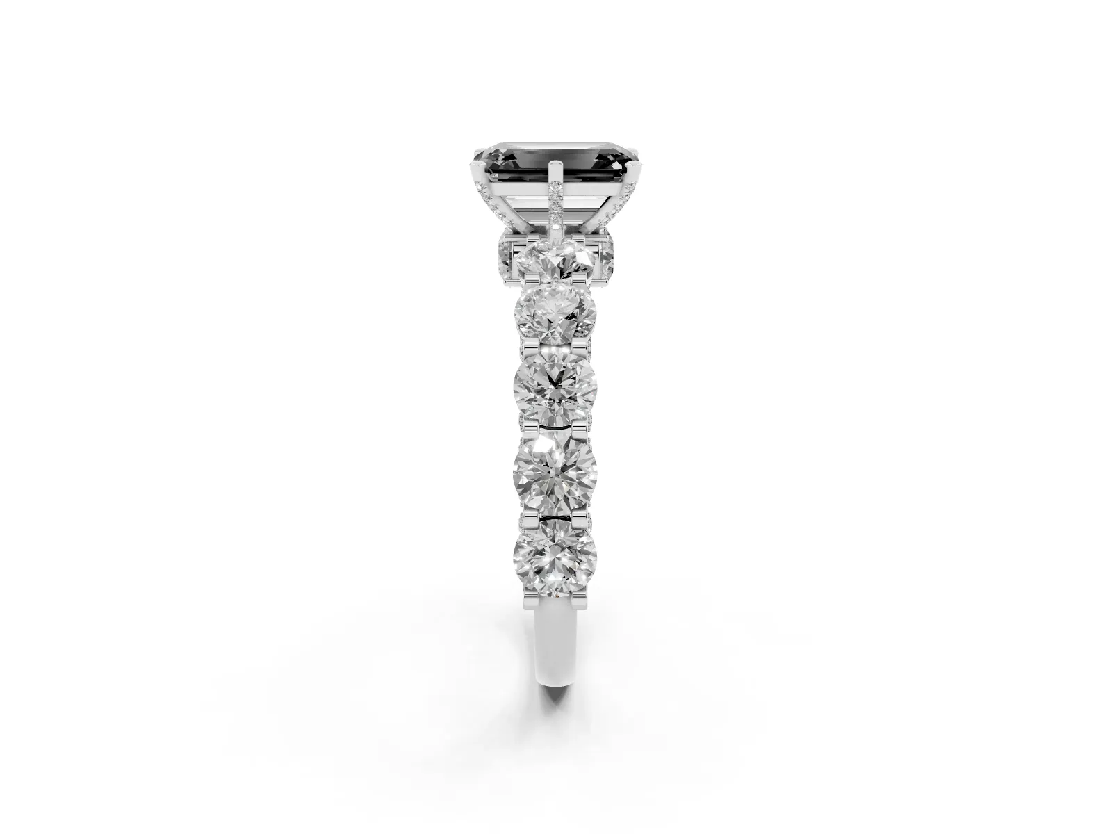 Fancy Black Emerald Cut Diamond Side Stone Engagement Ring with Four-Prong Setting Platinum