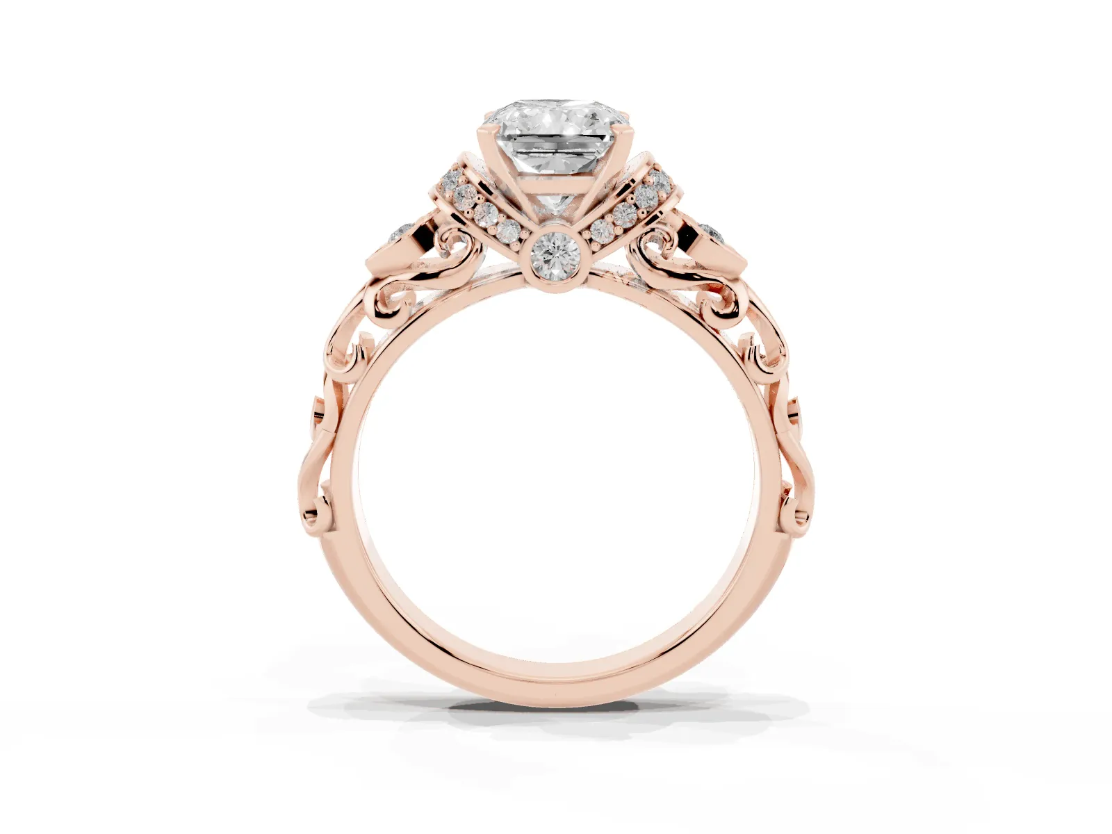 Radiant Cut Diamond Solitaire Ring with Filigree Band and Four-Prong Setting Rose gold