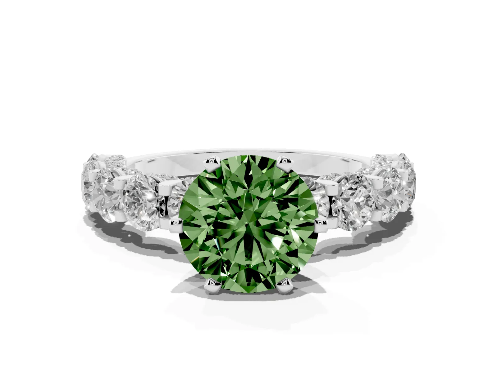Fancy Green Round Cut Diamond Side Stone Engagement Ring with Four-Prong Setting White gold