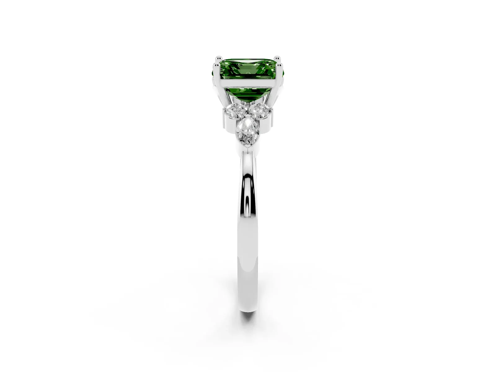 Fancy Green Asscher Cut Brilliant Diamond Solitaire Ring with Pear Side Stones and Four-Prong Setting Platinum
