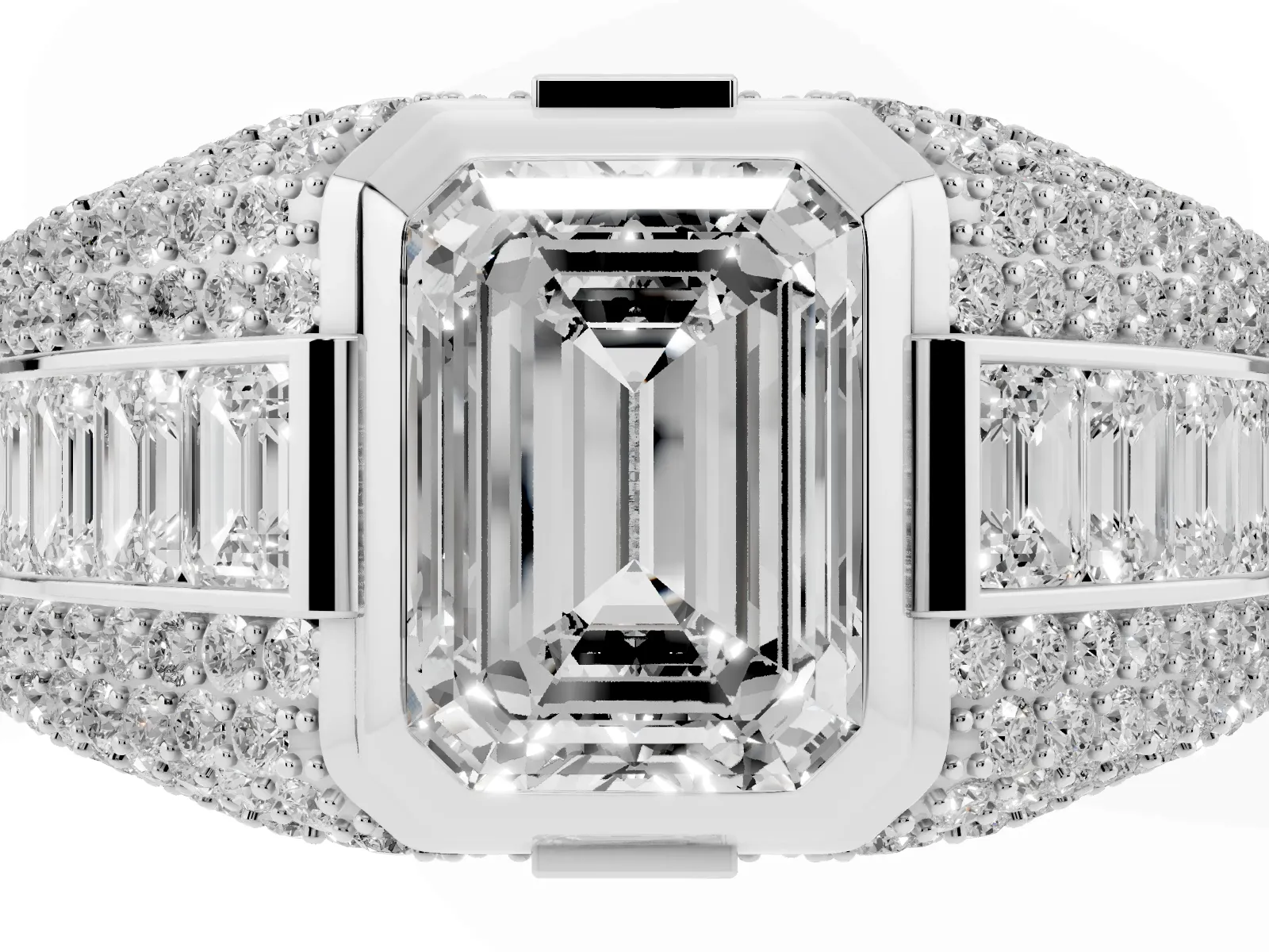 Emerald Cut Diamond Mens Ring with Side Stones Platinum
