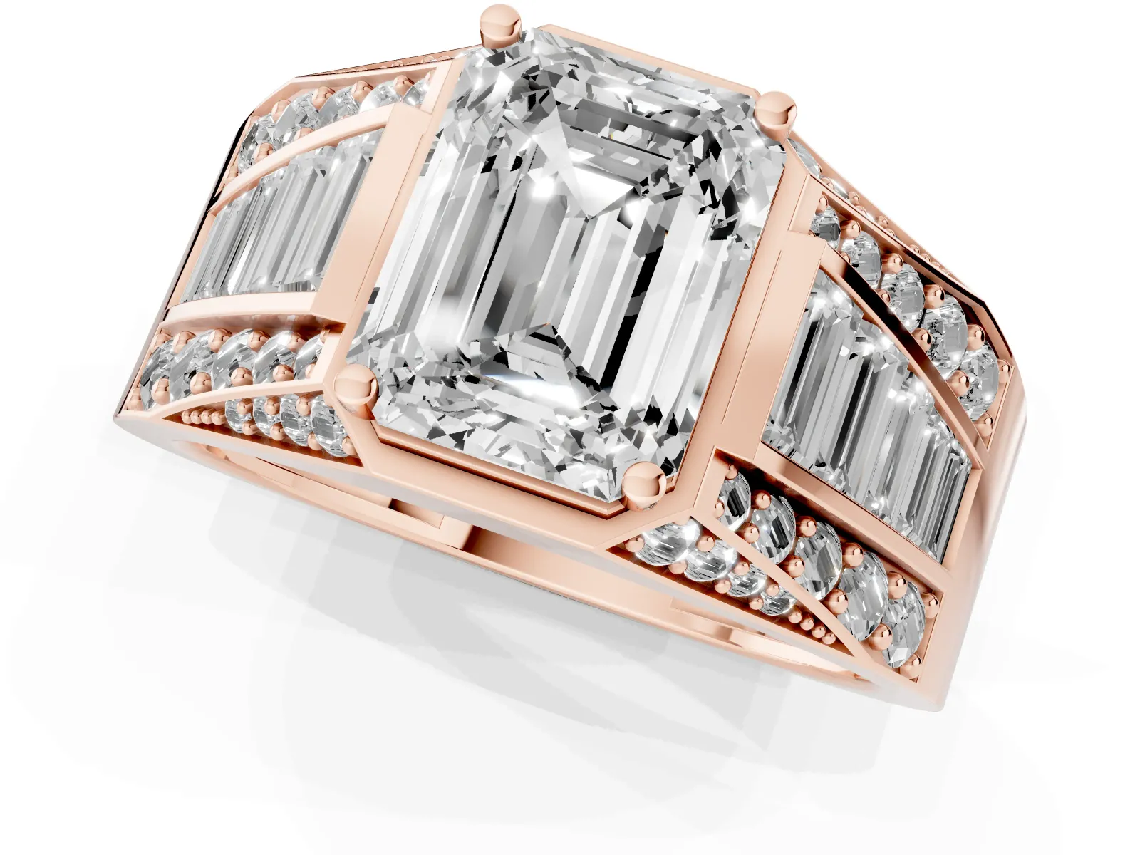Emerald Cut Diamond Mens Ring with Baguette Side Stones Rose gold