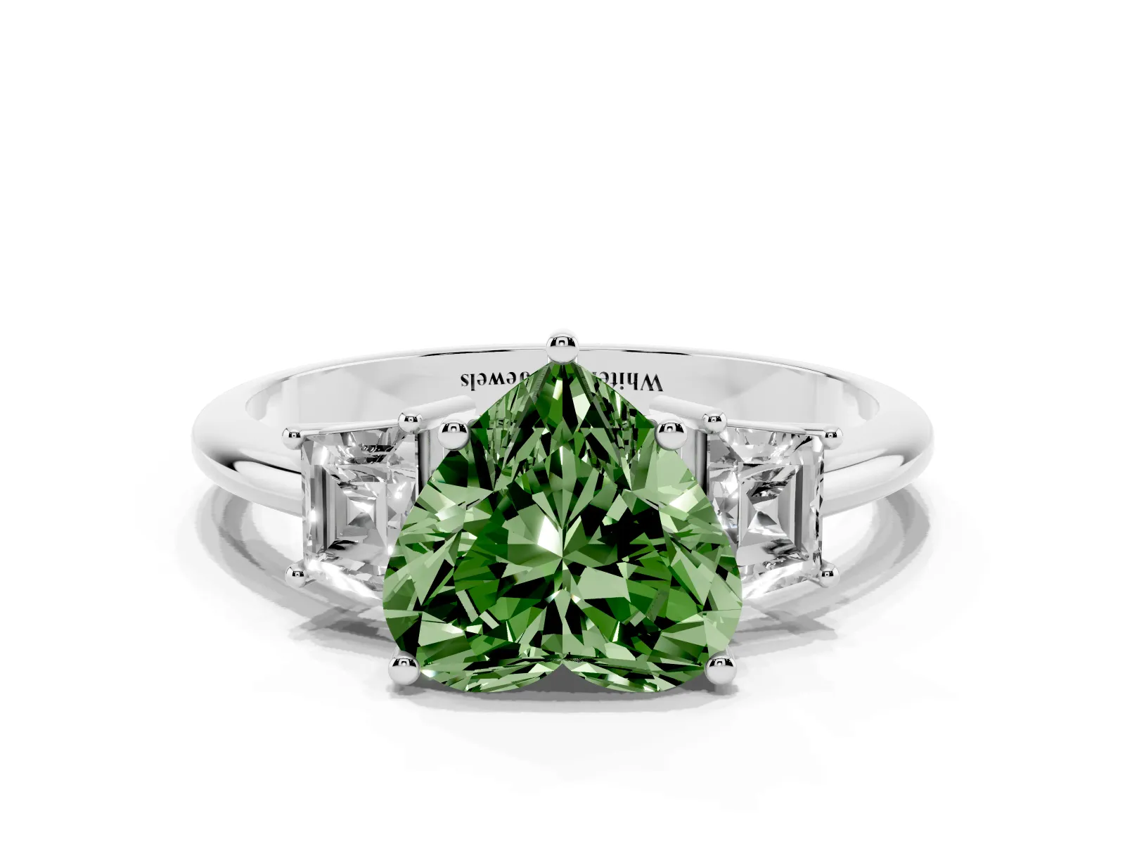 Fancy Green Heart Cut Diamond Three-Stone Ring with Trapezoid Side Stones and Prong Setting White gold