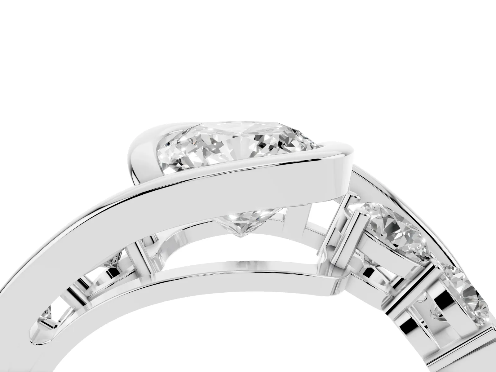 Bezel Set Cushion Cut Diamond Bypass Ring with Round Accents Platinum