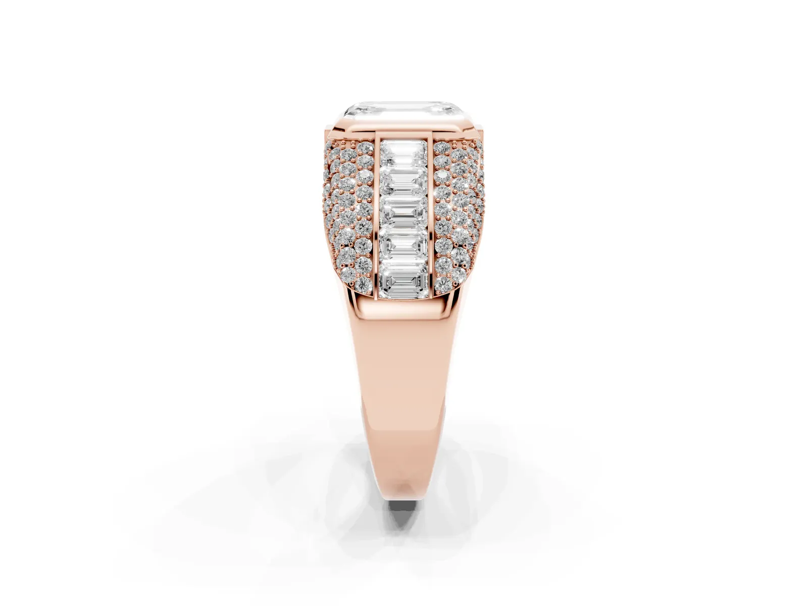 Emerald Cut Diamond Mens Ring with Side Stones Rose gold