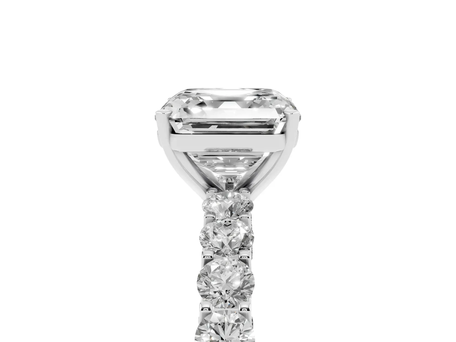 Asscher Cut Diamond Solitaire Ring with Shared Prong Pavé Band and Four-Prong Setting White gold