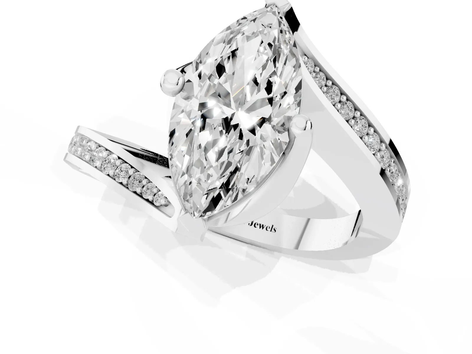 Marquise Cut Solitaire Diamond Twist Band with Pavé Setting and Four-Prong Setting Platinum