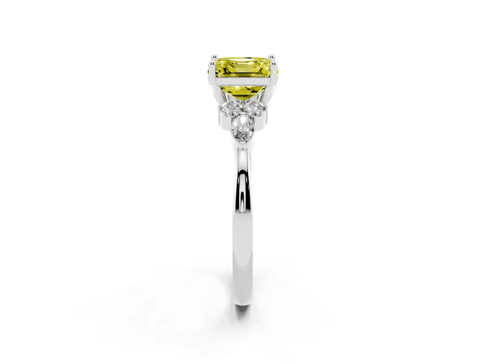 Fancy Yellow Asscher Cut Brilliant Diamond Solitaire Ring with Pear Side Stones and Four-Prong Setting Platinum