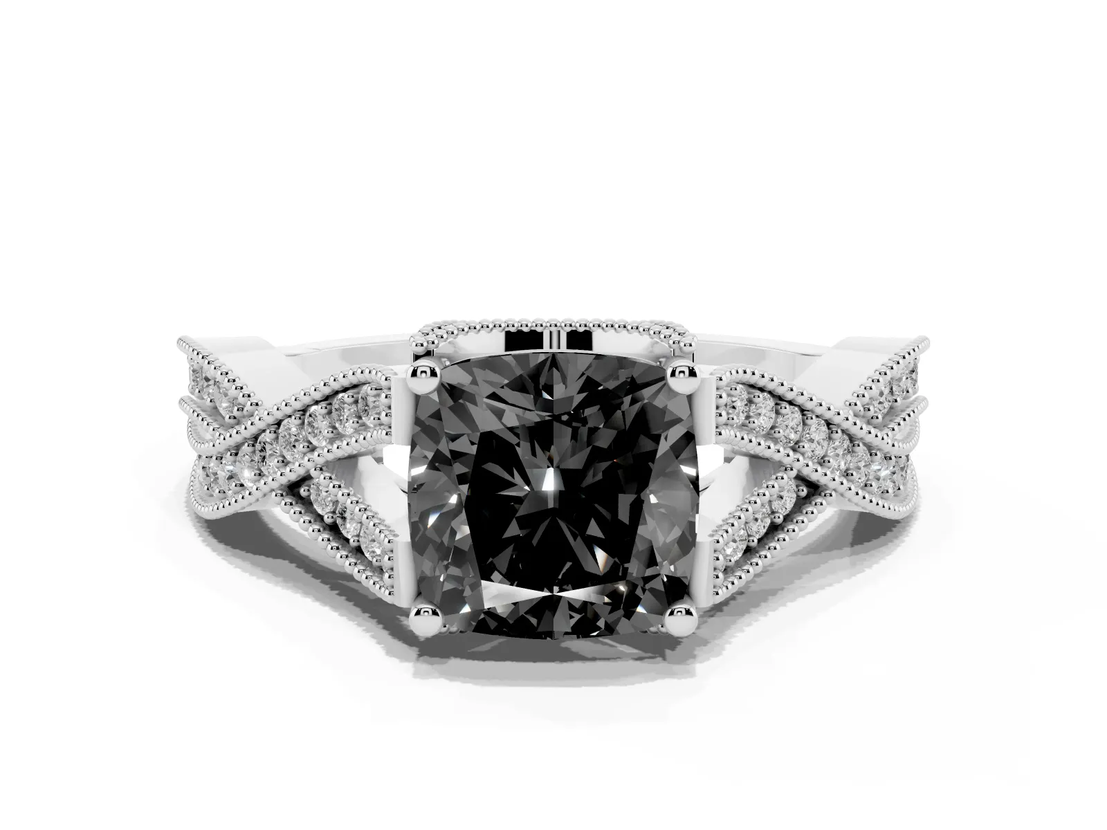 Fancy Black Cushion Cut Cut Diamond Twisted Band with Milgrain Pave Setting and Four-Prong Setting Platinum